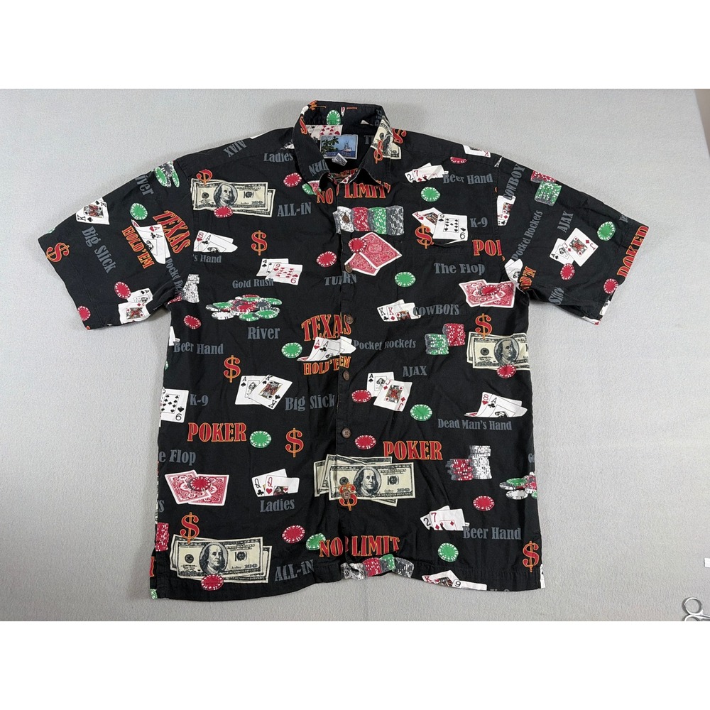 AFTCO Bluewater Mens Poker Gambling Print Shirt Black Texas Holdem Medium